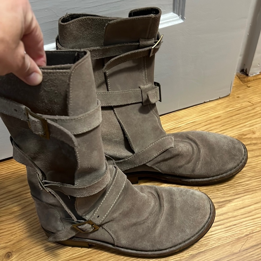Fiorentini + Baker beige suede mid-calf boots. Made and purchased in Italy.